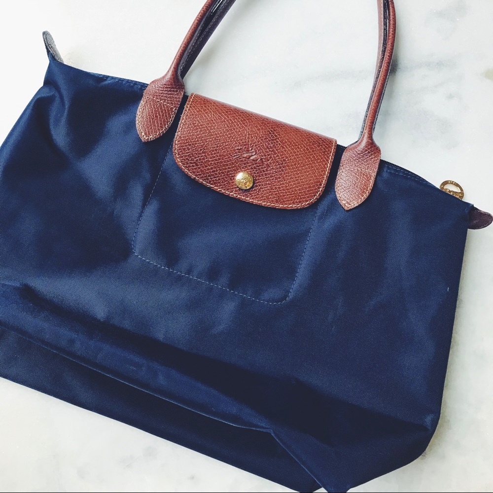 navy longchamp le pliage shopping tote